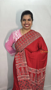 Vriksham Red Plain With Printed Border Ajrakh Modal Silk Saree-VS4662